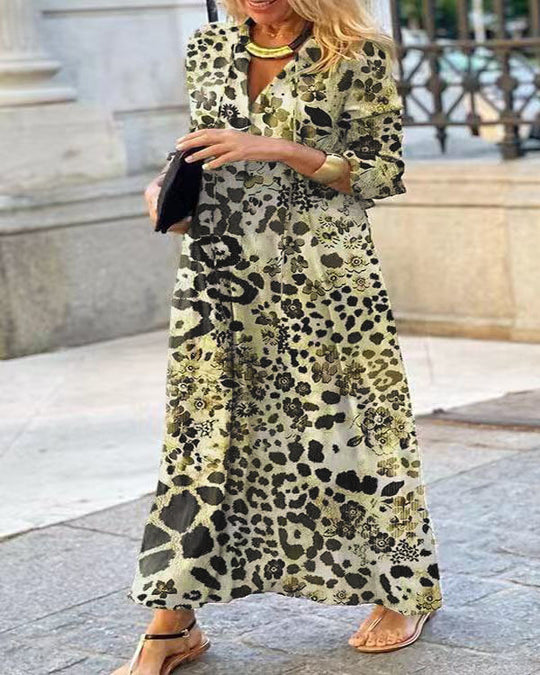 Damen Maxi-Kleid im Leoprint mit V-Ausschnitt, dreiviertelärmeln und weiter A‑Linie Shop Nory