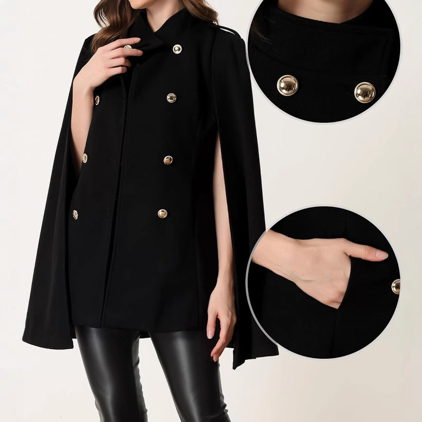 Damen Kurzcape-Mantel aus Wollmix mit Doppelreiher Schulterriegeln und Arm-Schlitzen Shop Nory