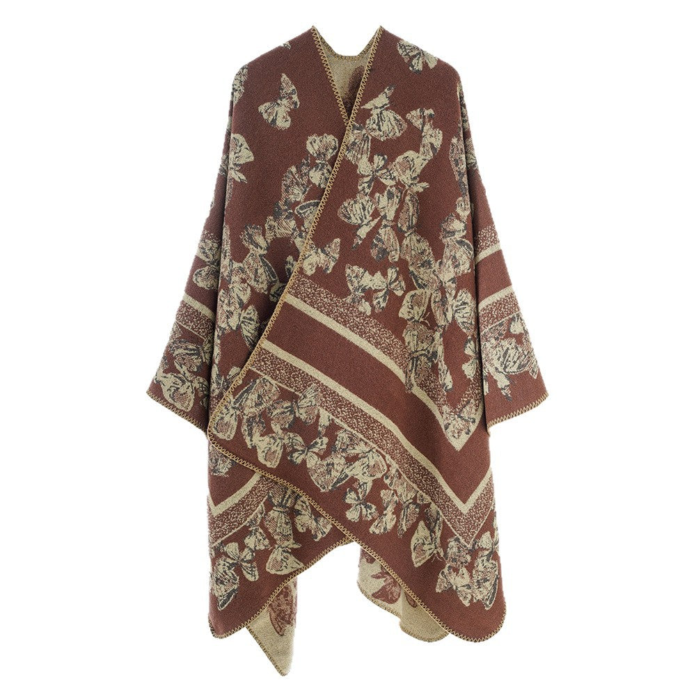 Damen Schmetterlings-Jacquard-Ruana aus Wollmix mit geschwungenem Saum Shop Nory