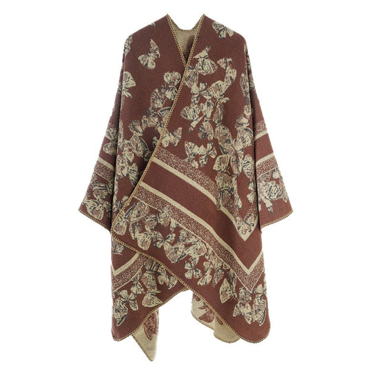 Damen Schmetterlings-Jacquard-Ruana aus Wollmix mit geschwungenem Saum Shop Nory