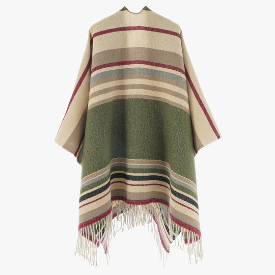 Damen Oversize Deckenponcho aus Wollmix mit gestreifter Bordüre und Fransen Shop Nory