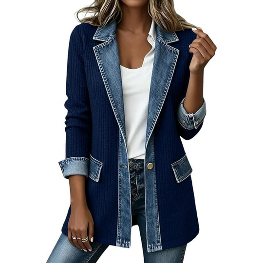 Damen Strickblazer mit Jeansbesatz und Reverskragen Shop Nory