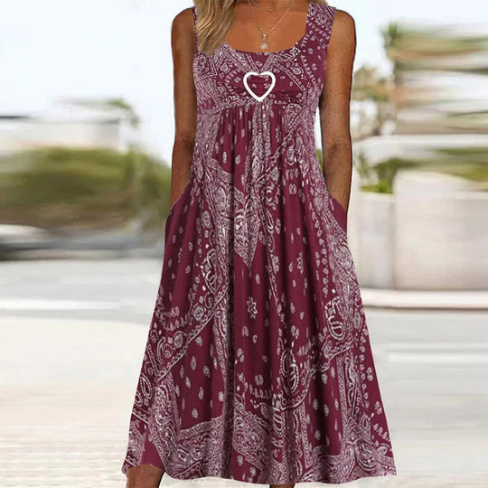Damen nan luftiges Maxi-Kleid mit Paisley-Bandana-Print, geraffter Empire-Taille und praktischen Seitentaschen