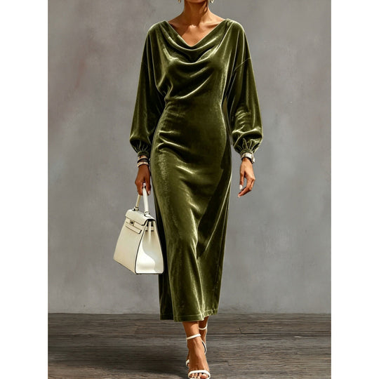 Damen Midikleid aus Samt mit drapiertem Wasserfallkragen und Ballonärmeln Shop Nory