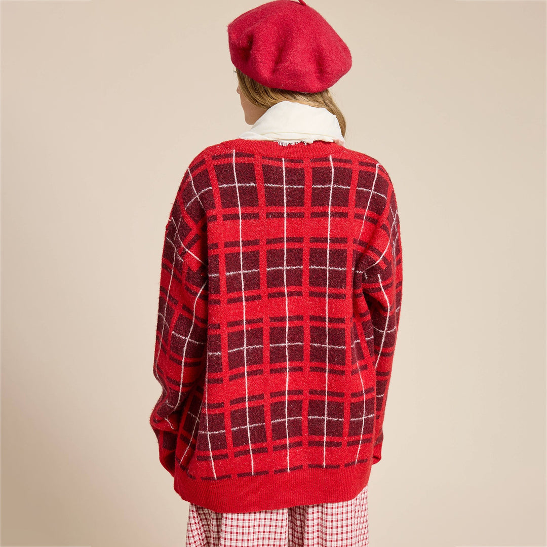 Damen Oversize Karierter Strickcardigan mit Bindegürtel & aufgesetzten Taschen Shop Nory