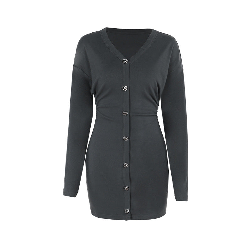 Damen Tailliertes Strick-Knopfmiederkleid mit Herzknöpfen Shop Nory