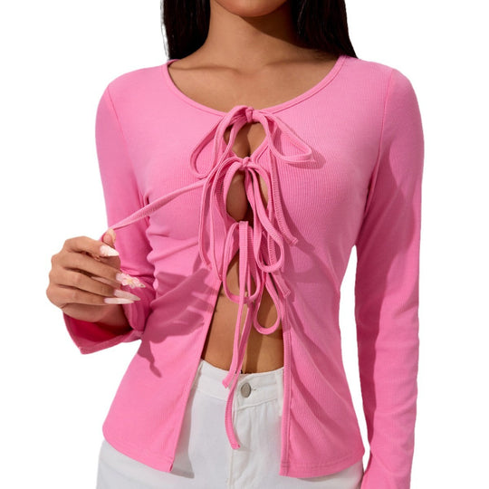 Damen geripptes Longsleeve-Top mit mehrfachem Front-Schnürdetail, Cut-Outs und taillierter Passform Shop Nory