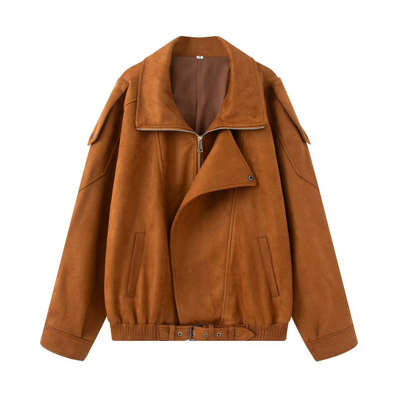 Damen Oversize Bomberjacke mit breitem Reverskragen, Taillengürtel und Schulterklappen Shop Nory