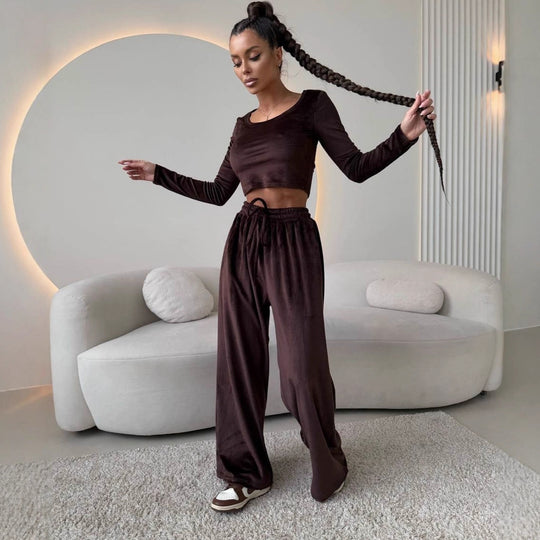 Damen Samt-Loungewear-Set mit Cropped-Langarmshirt und hoher Taillen-Palazzohose Shop Nory