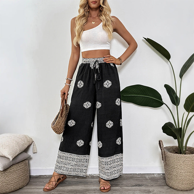 Damen Boho-Print Palazzohose mit weitem Bein, elastischem Tunnelzugbund und seitlichen Taschen Shop Nory