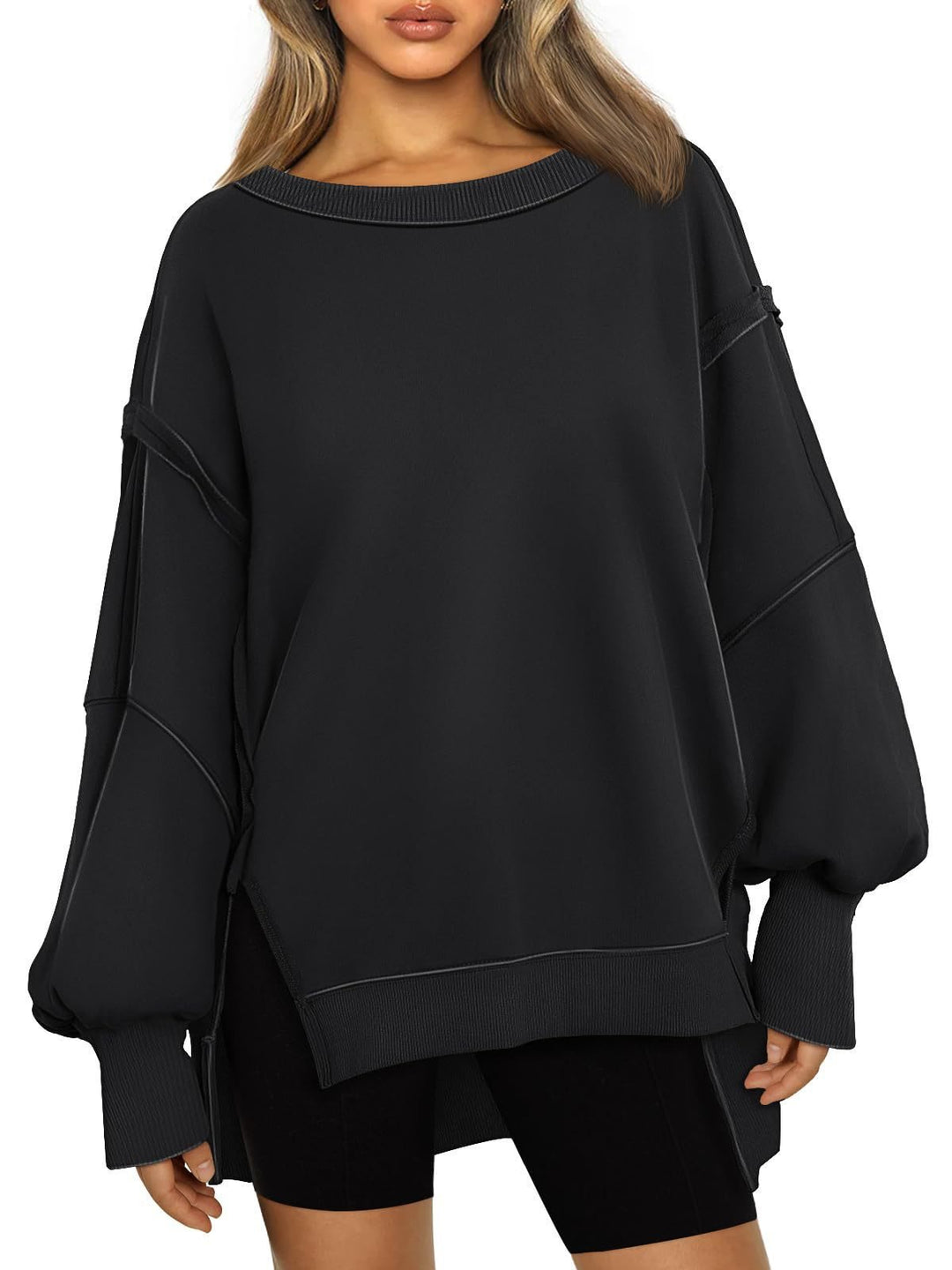 Damen Weiches Longline-Sweatshirt mit Ballonärmeln, seitlichen Schlitzen und geripptem Saum Shop Nory