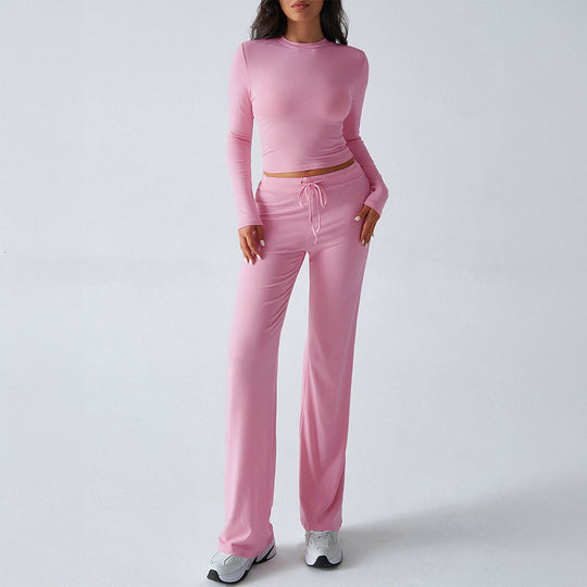 Damen nan tailliertes Longsleeve-Crop-Top und weite Lounge-Hose im Zweiteiler-Set aus Stretchjersey Shop Nory