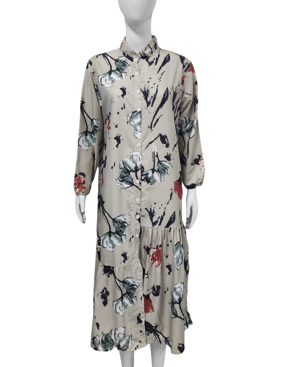 Damen Hemdblusenkleid mit Aquarell-Blumenprint, Stehkragen & Stufenrock Shop Nory
