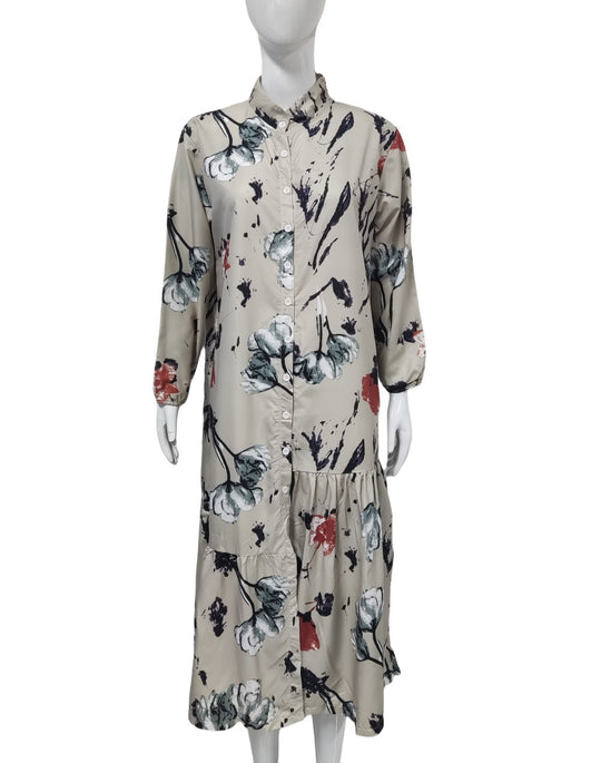 Damen Hemdblusenkleid mit Aquarell-Blumenprint, Stehkragen & Stufenrock Shop Nory