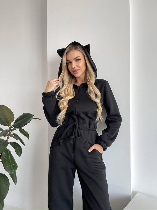 Damen Kuscheliger Kapuzen-Overall mit Katzenohren und Taillenzug Shop Nory