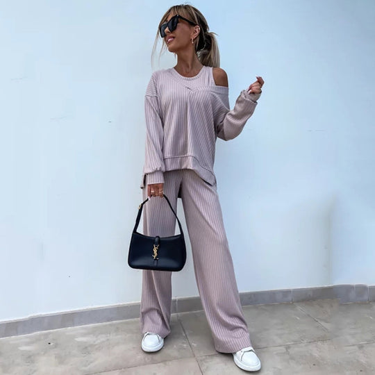 Damen lässiges Rippsweat-Lounge-Set mit Off-Shoulder-Sweatshirt und weit geschnittener High-Waist-Hose Shop Nory