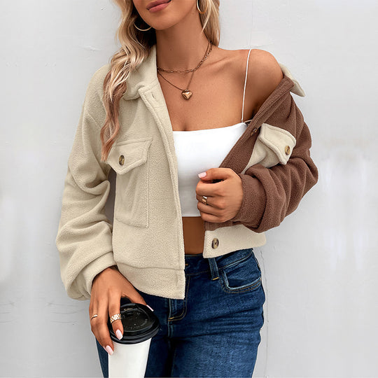 Damen Gekürzte Teddyjacke mit farbblockierten Ärmeln und Brusttaschen Shop Nory
