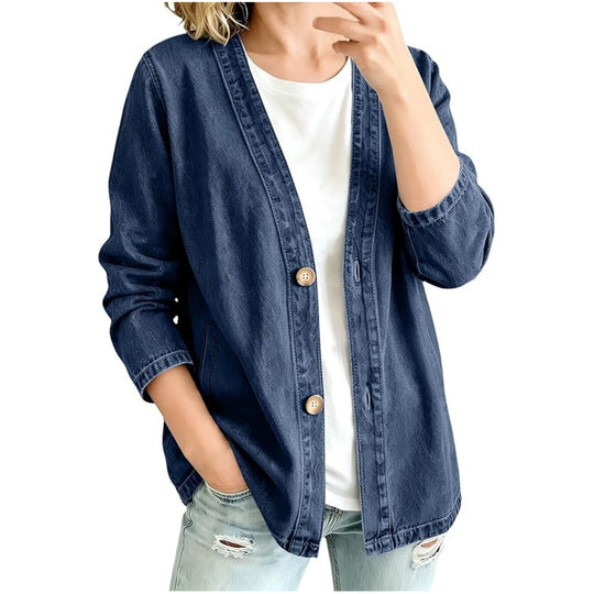 Damen Oversize Jeansjacke im Kimono-Stil mit Holzknöpfen Shop Nory