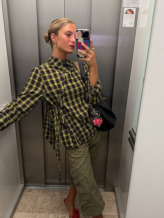 Damen Karierte Hemdbluse mit Tunnelzug‑Taillierung und weitem Schnitt Shop Nory