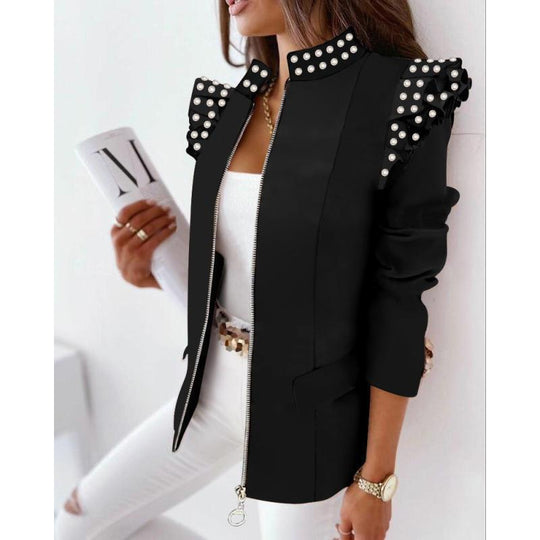Damen Leoprint-Statement-Jacke mit Rüschen-Schulter und Reißverschluss Shop Nory