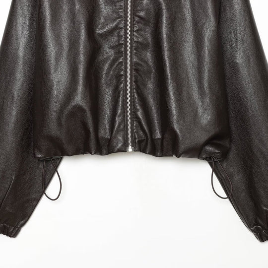 Damen Kurzgeschnittene Kunstleder-Bomberjacke mit Kapuze, Tunnelzug und elastischen Bündchen Shop Nory