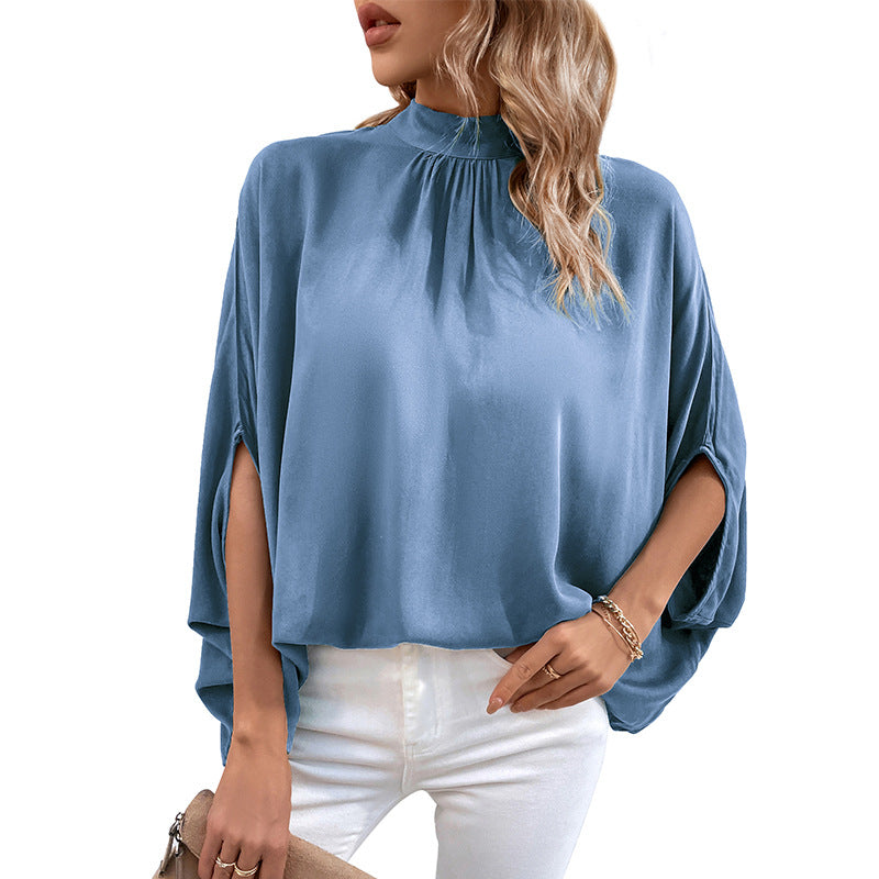 Damen Elegante Satin-Bluse mit Stehkrragen, Fledermausärmeln und Ärmelschlitzen Shop Nory