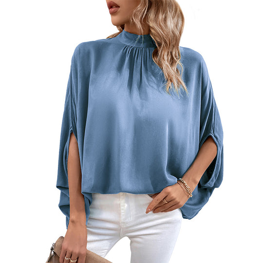 Damen Elegante Satin-Bluse mit Stehkrragen, Fledermausärmeln und Ärmelschlitzen Shop Nory