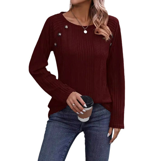 Damen Feiner Rippstrick-Pullover mit Zierknopfleiste und Rundhalsausschnitt Shop Nory