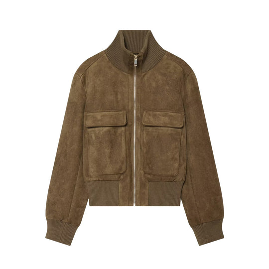 Damen Wildlederoptik-Bomberjacke mit Rippenkragen und aufgesetzten Taschen Shop Nory