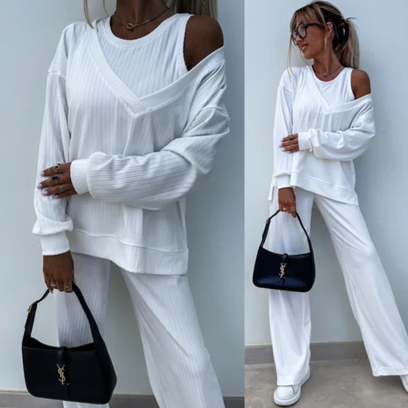 Damen Loungewear-Set aus geripptem Feinstrick mit Off-Shoulder-Pullover und weiter Palazzo-Hose Shop Nory