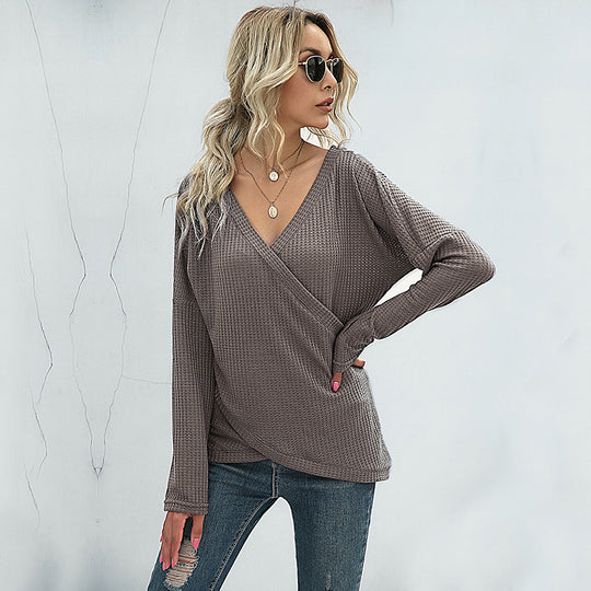 Damen Waffelstrick‑Wickelshirt mit V-Ausschnitt und langer Oversize-Ärmelpassform Shop Nory