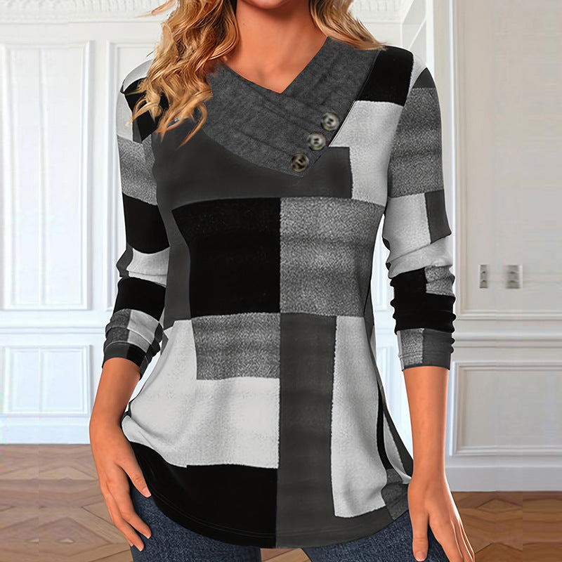 Damen Longsleeve-Tunika mit geometrischem Colorblock und asymmetrischem Knopf-V-Ausschnitt Shop Nory