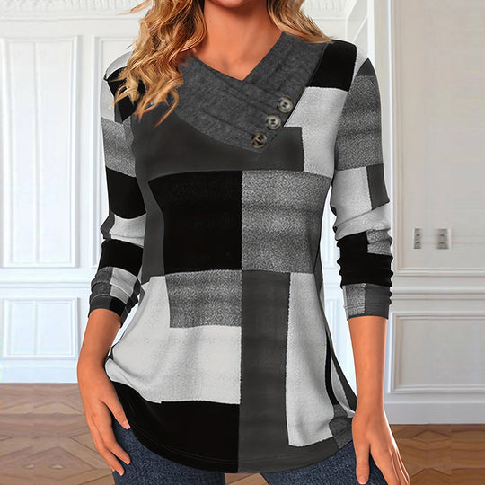 Damen Longsleeve-Tunika mit geometrischem Colorblock und asymmetrischem Knopf-V-Ausschnitt Shop Nory