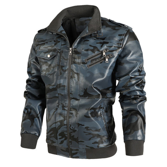 Herren Camouflage Kunstleder-Bomberjacke mit Schulterklappen, Reißverschlusstaschen und Rippsaum Shop Nory