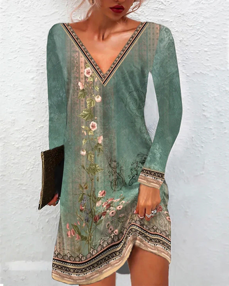 Frauen Floral V-Ausschnitt Tunika Kleid mit Border Print und langen Ärmeln Shop Nory