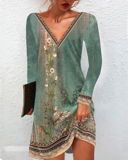Frauen Floral V-Ausschnitt Tunika Kleid mit Border Print und langen Ärmeln Shop Nory