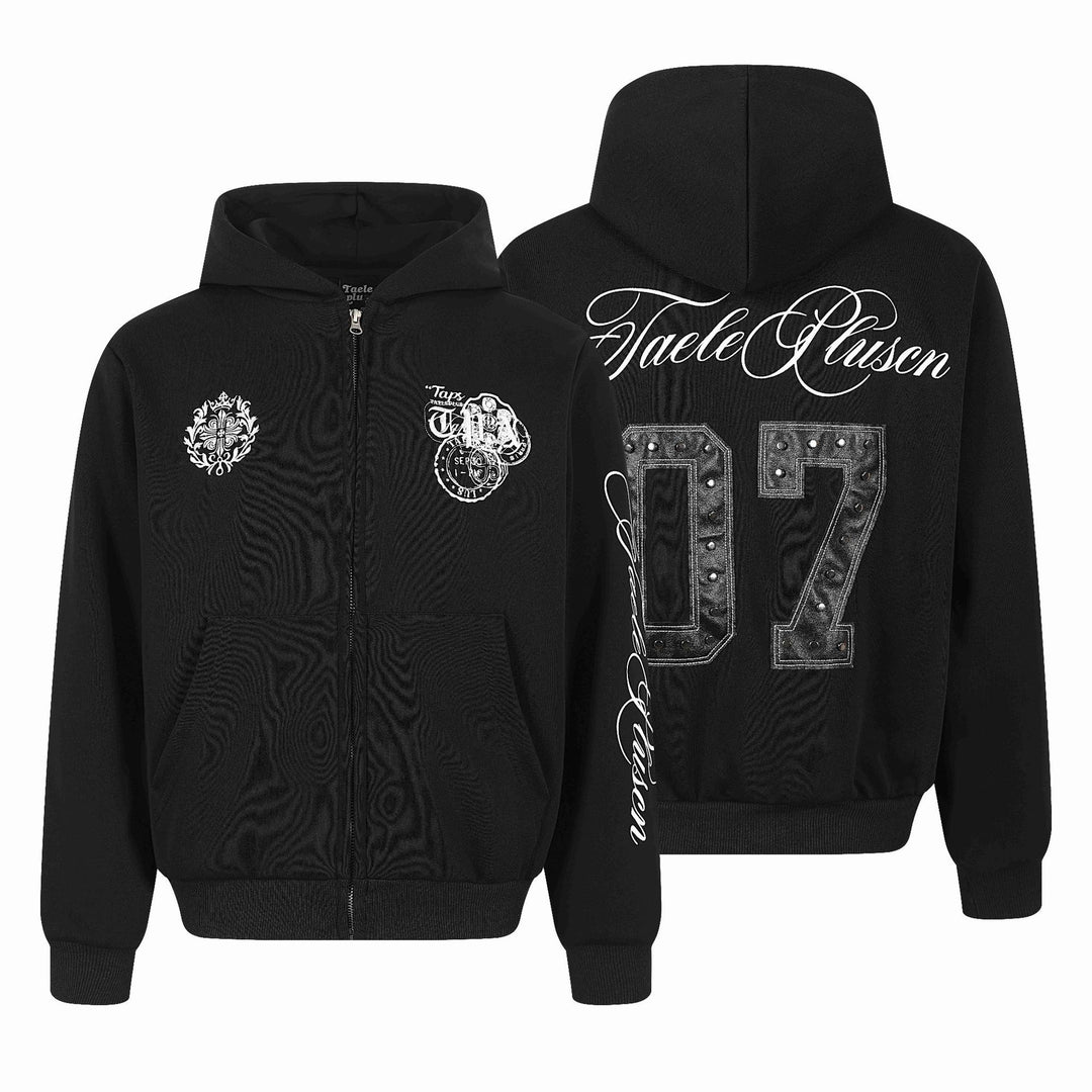 Unisex Kapuzen‑Sweatjacke mit durchgehendem Reißverschluss, Kängurutasche und ornamentalen Siegel‑Prints Shop Nory