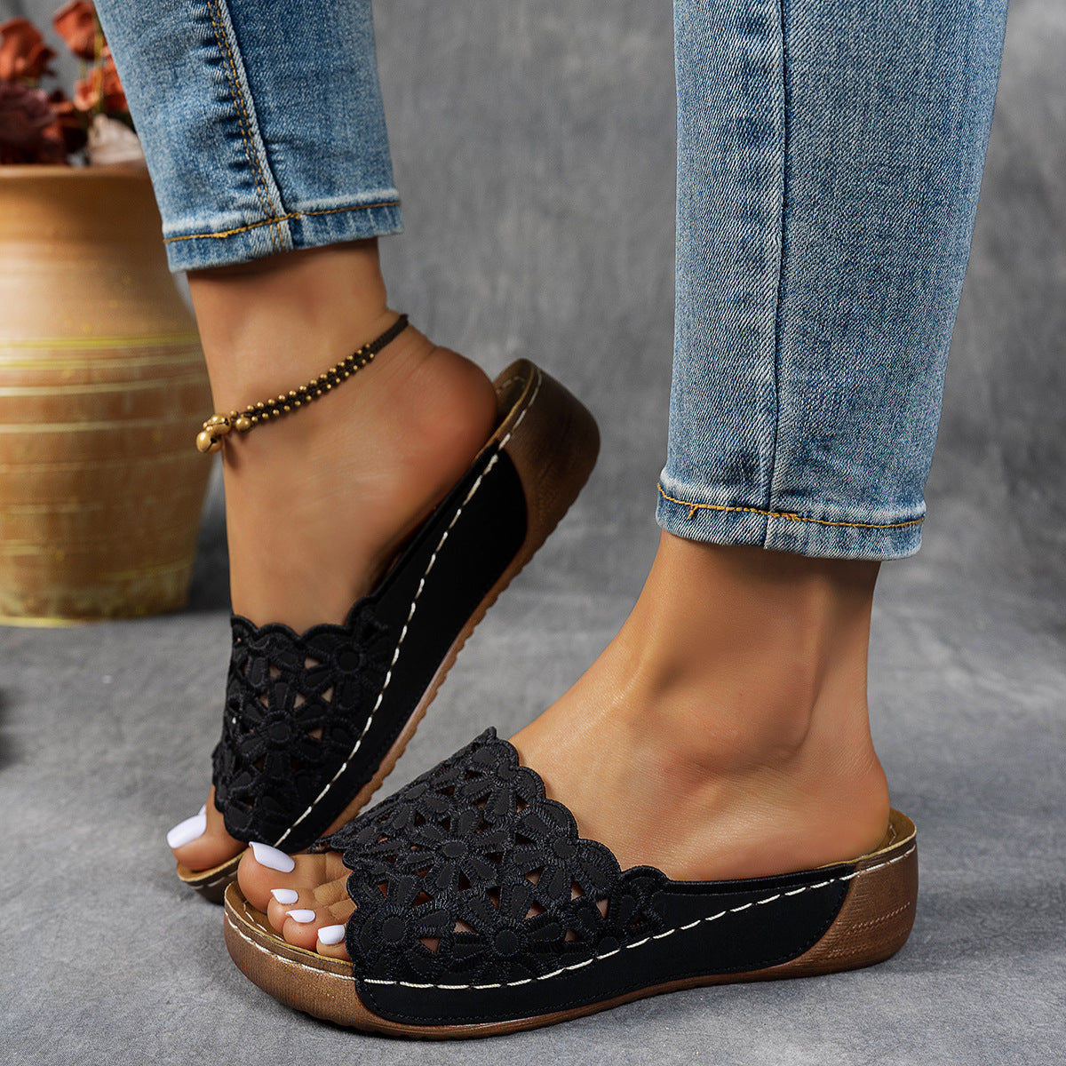 Damen Bequeme Pantoletten mit modischem Blumendesign Shopnory
