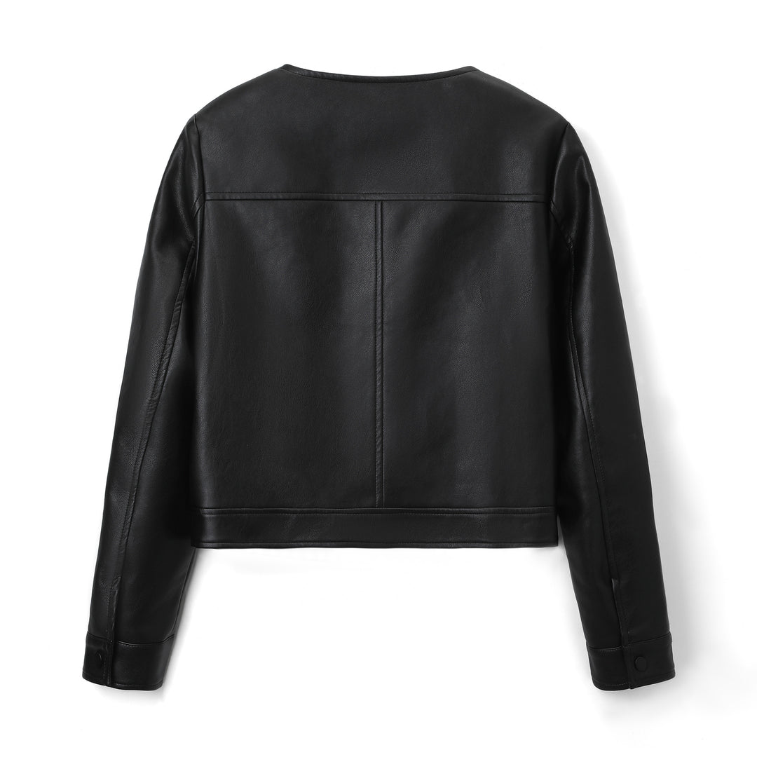 Damen Kurzjacke aus Kunstleder mit Rundhals, Druckknopfverschluss und aufgesetzten Taschen Shop Nory