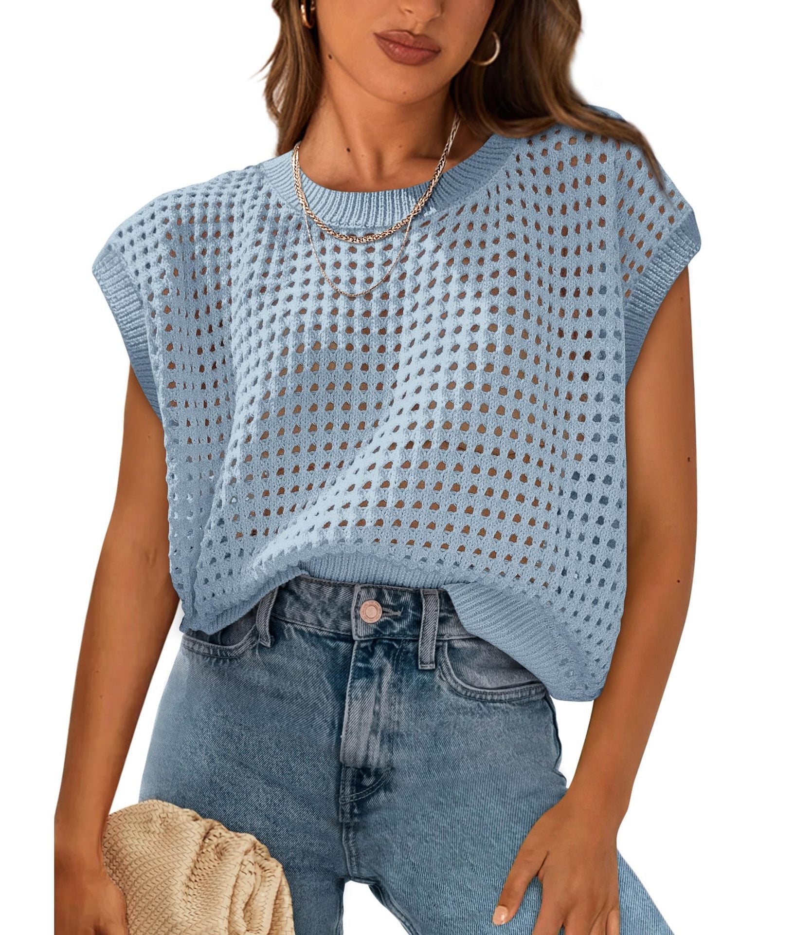 Damen luftiger Grobstrickpullover mit modernem Lochmuster