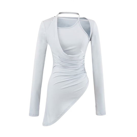 Damen Figurbetontes Langarm-Midikleid mit asymmetrischem Saum, Raffung und Neckholder Shop Nory