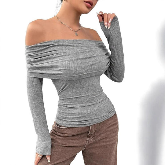 Damen Schulterfreies Ripp-Longsleeve mit weitem Umschlagkragen und taillierter Silhouette Shop Nory