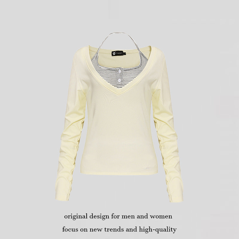 Damen Langarm-Shirt mit doppeltem Layer‑Effekt, tiefem V‑Ausschnitt und gestreiftem Einsatz Shop Nory