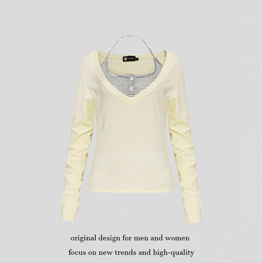 Damen Langarm-Shirt mit doppeltem Layer‑Effekt, tiefem V‑Ausschnitt und gestreiftem Einsatz Shop Nory