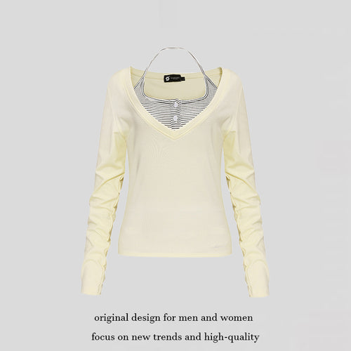 Damen Langarm-Shirt mit doppeltem Layer‑Effekt, tiefem V‑Ausschnitt und gestreiftem Einsatz Shop Nory