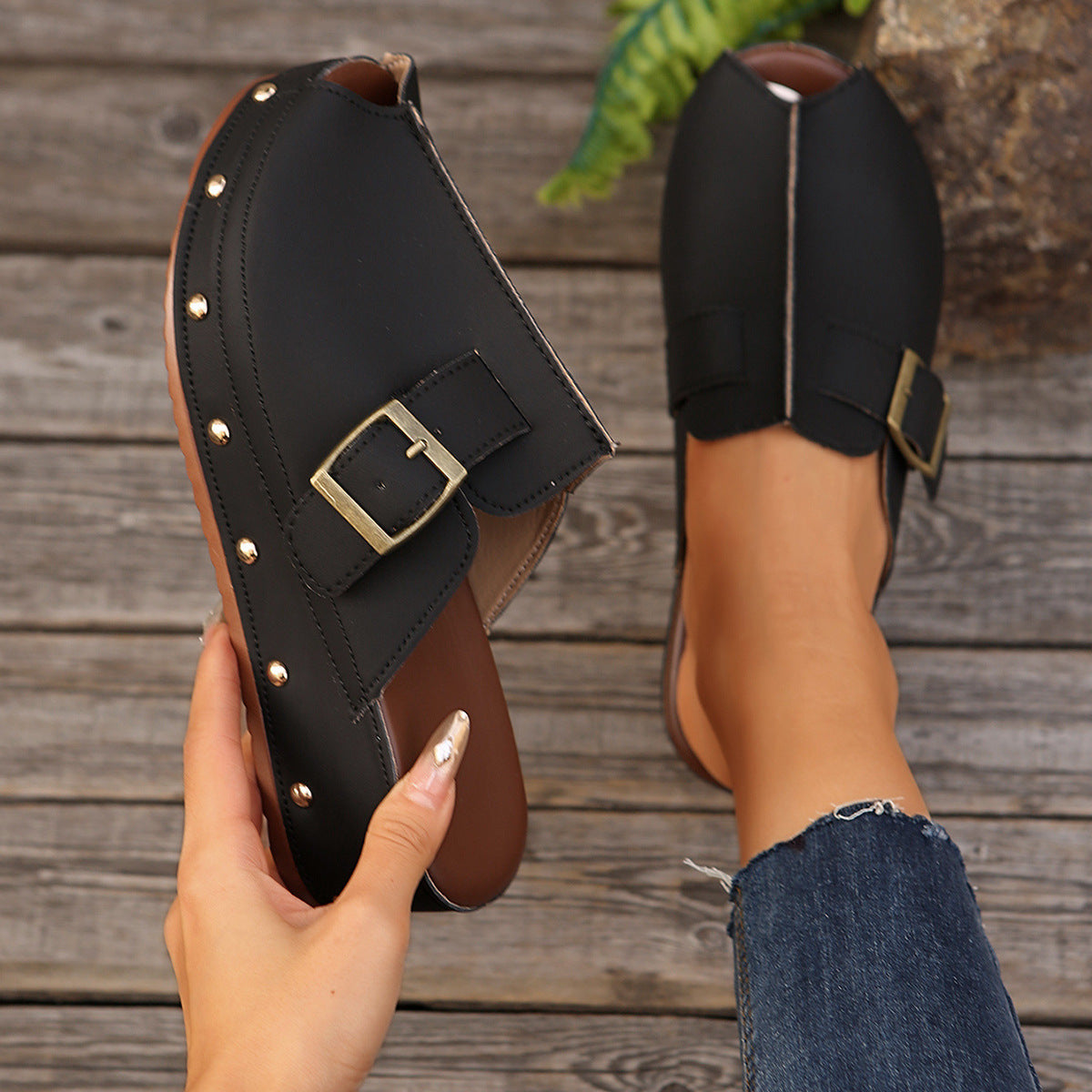 Damen Clogs mit modischem Schnallen-Design und trendiger Metallverzierung