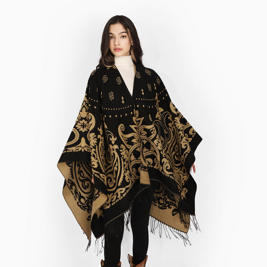 Damen Opulenter Jacquard‑Poncho im Kaftan‑Stil mit Fransen und Paisley‑Relief Shop Nory
