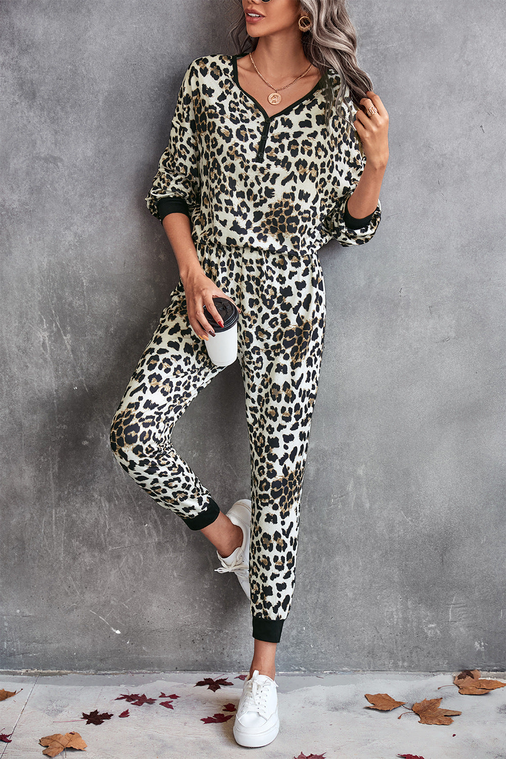 Damen Leo-Print Jogginganzug mit breitem Taillenbund und modischen Bündchen