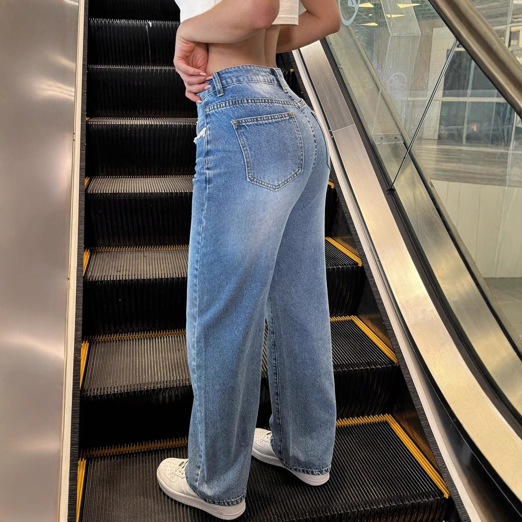 Damen hochtaillierte weite Jeanshose mit geradem Bein und Spitzenbesatz Shop Nory