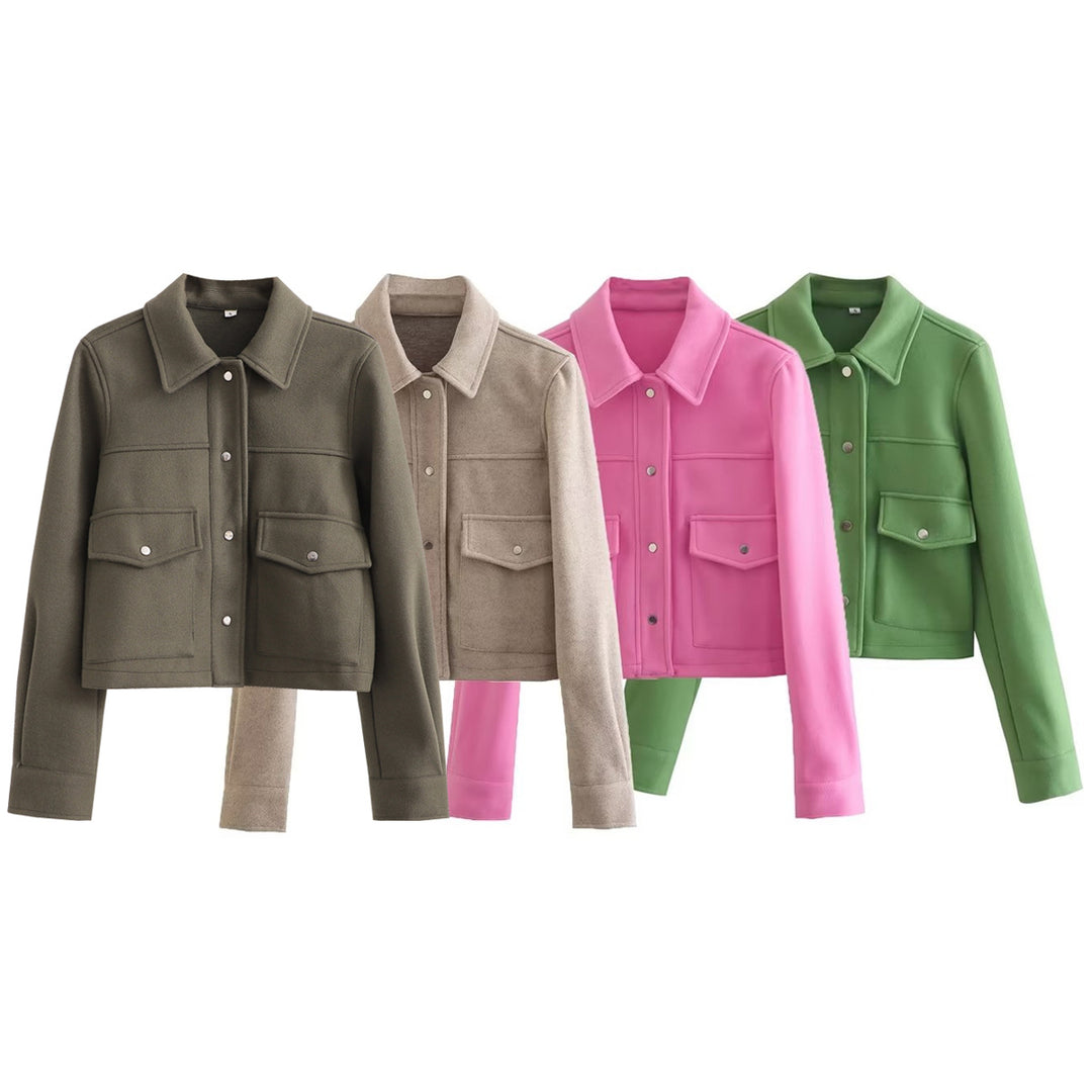 Damen Kurz geschnittene Wolloptik-Jacke mit Pattentaschen und Druckknöpfen Shop Nory